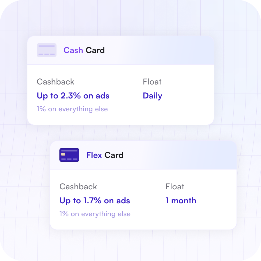 Two pastel fintech cards float on a soft lavender grid background