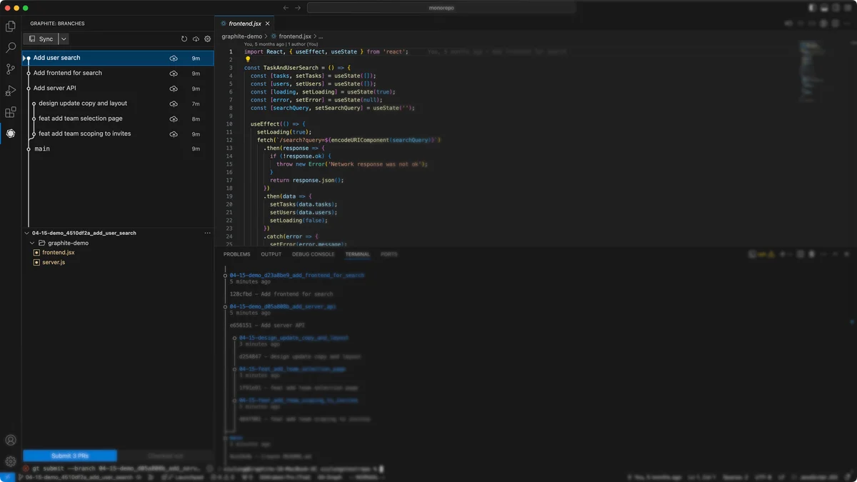 Terminal interface showing git log