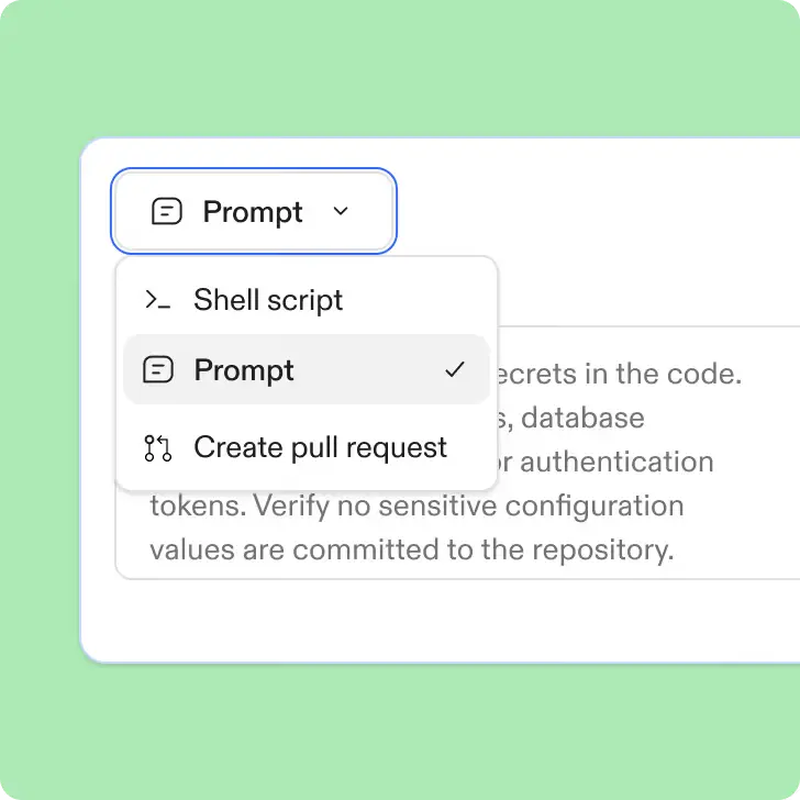 A close-up of a UI dropdown menu in a clean, minimal software interface, showing options like Shell script and Create pull request with Prompt selected