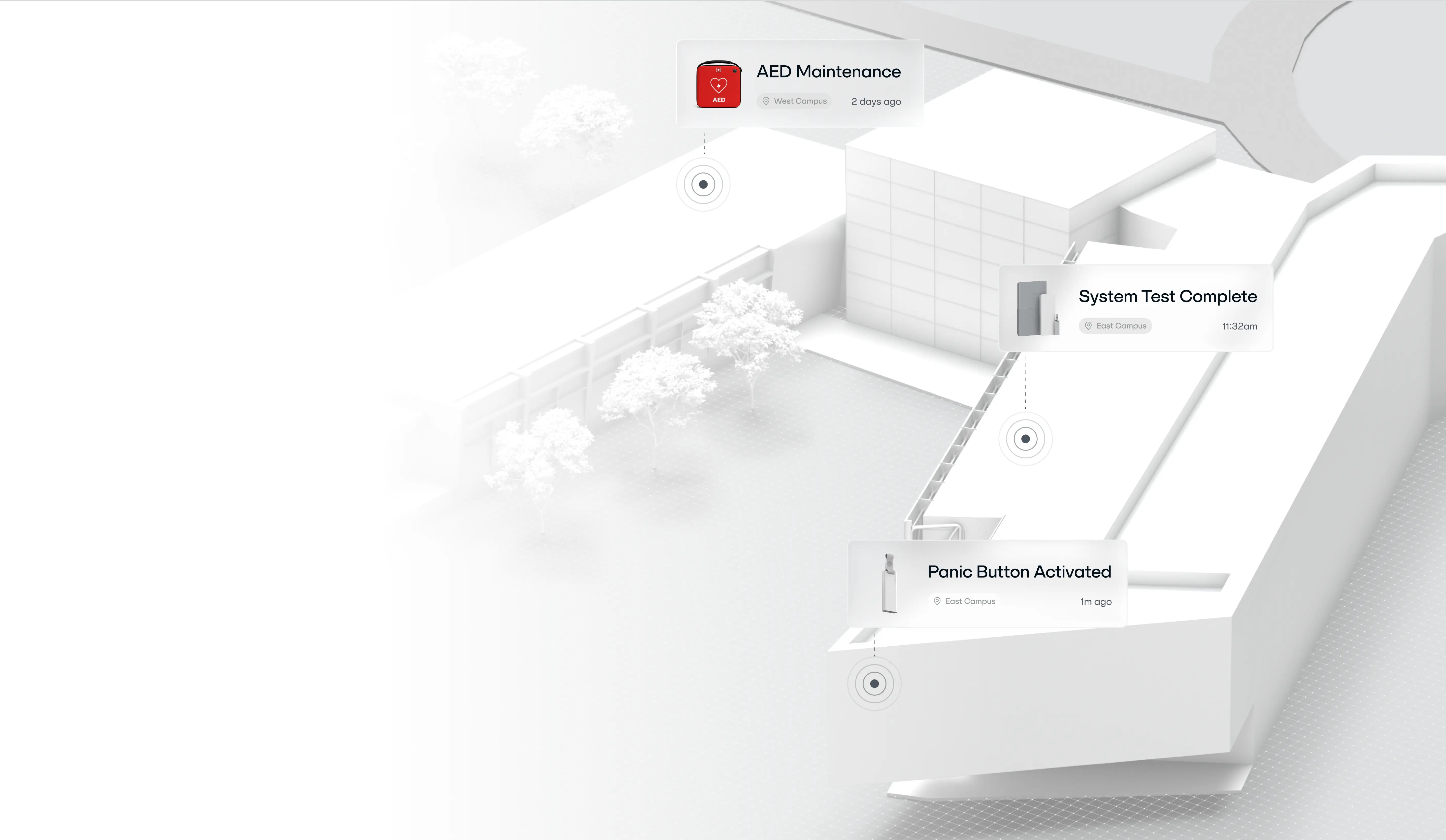 3D visualization of religious facility showing worship areas, classrooms, offices, and gathering spaces with real-time safety monitoring.
