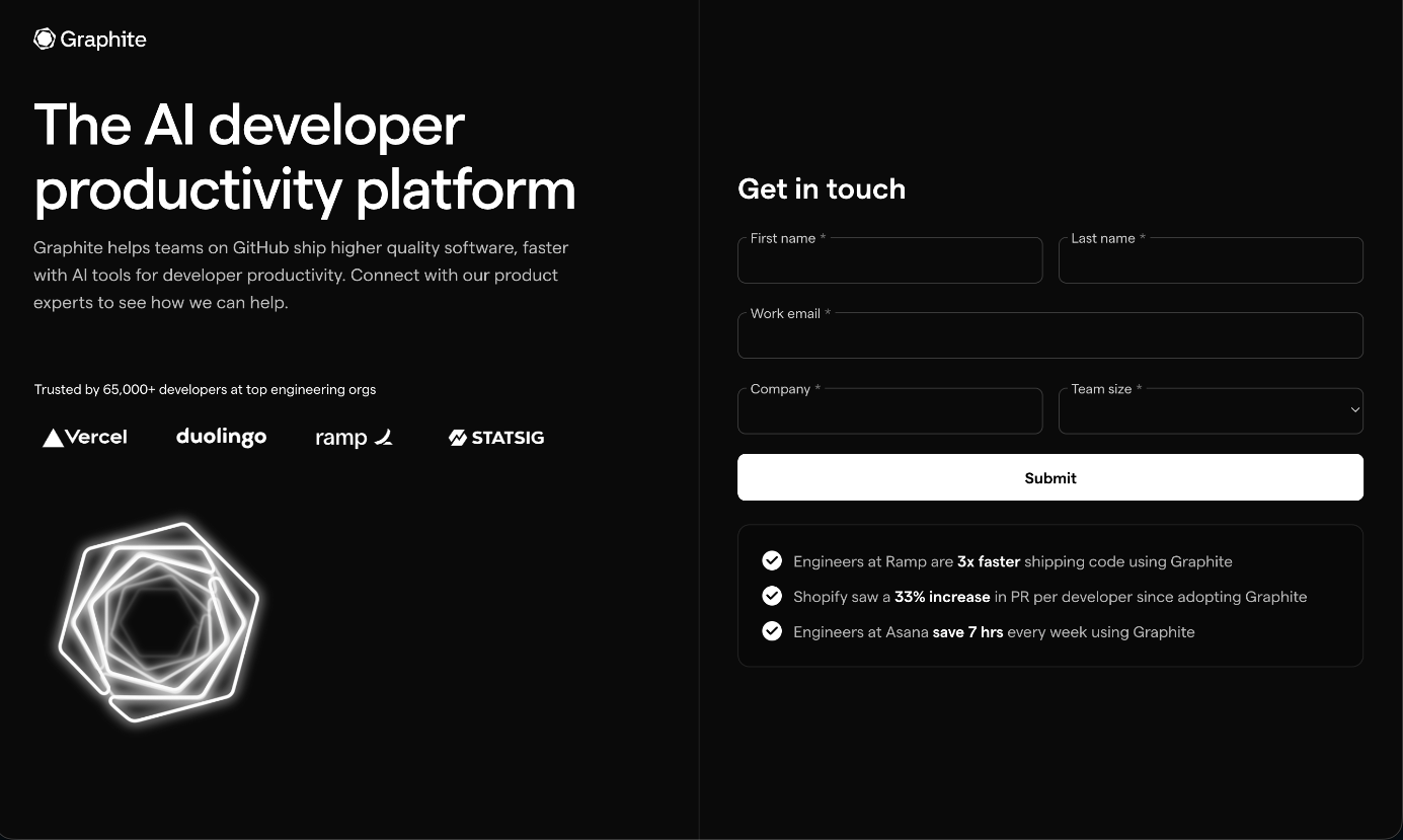 AI developer productivity platform landing page with contact form