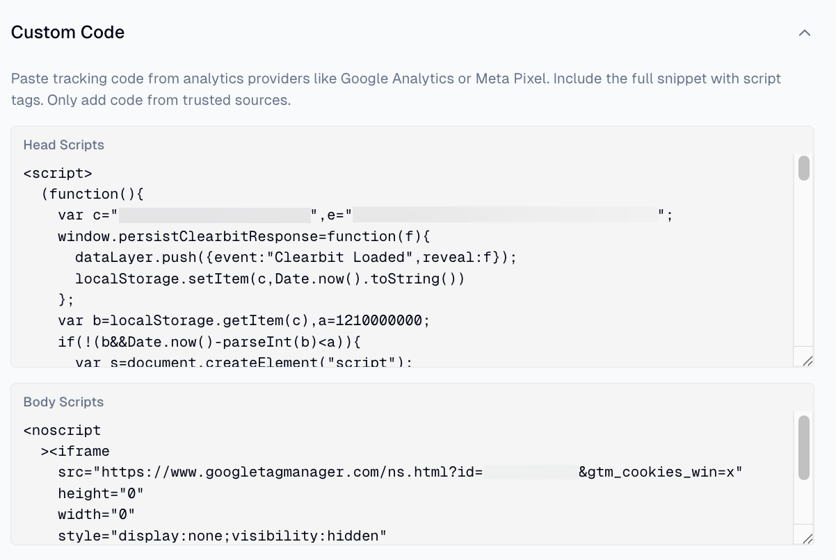 Custom Code UI showing Head Scripts and Body Scripts fields for adding analytics and tracking code