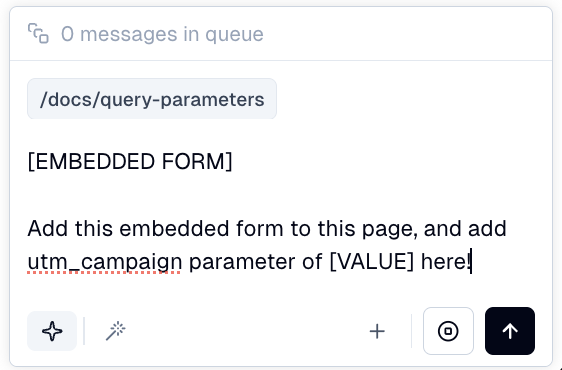 Documentation screenshot showing an embedded form with query parameter capture
