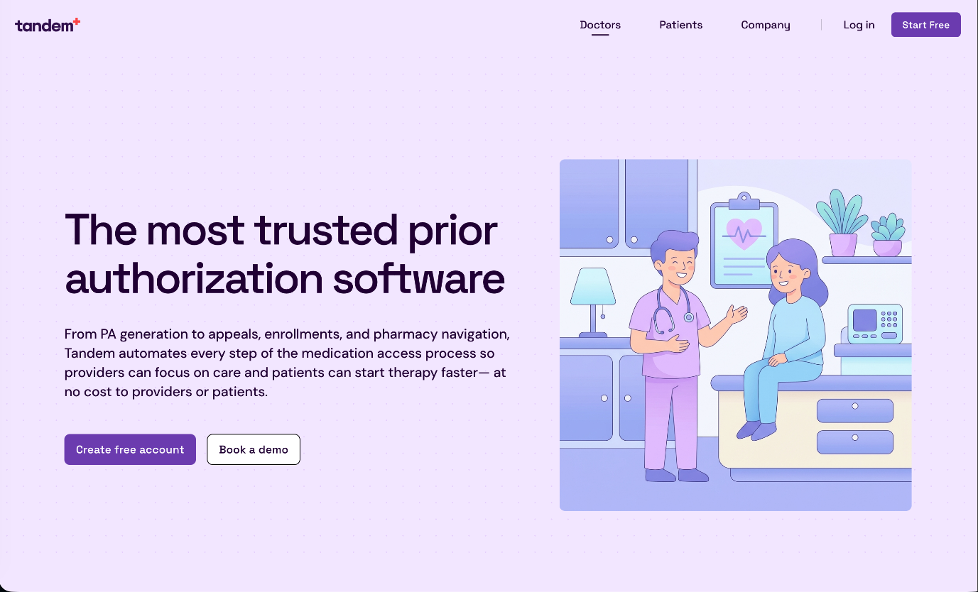 Prior authorization software landing page with clinician illustration