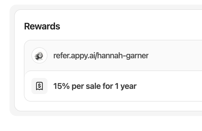 Rewards panel showing referral link refer.appy.ai/hannah-garner