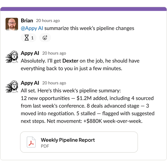 Chat interface showing Appy AI summarizing a weekly pipeline report PDF
