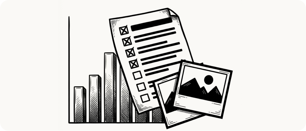 Checklist, bar chart, and photos illustration for content generation