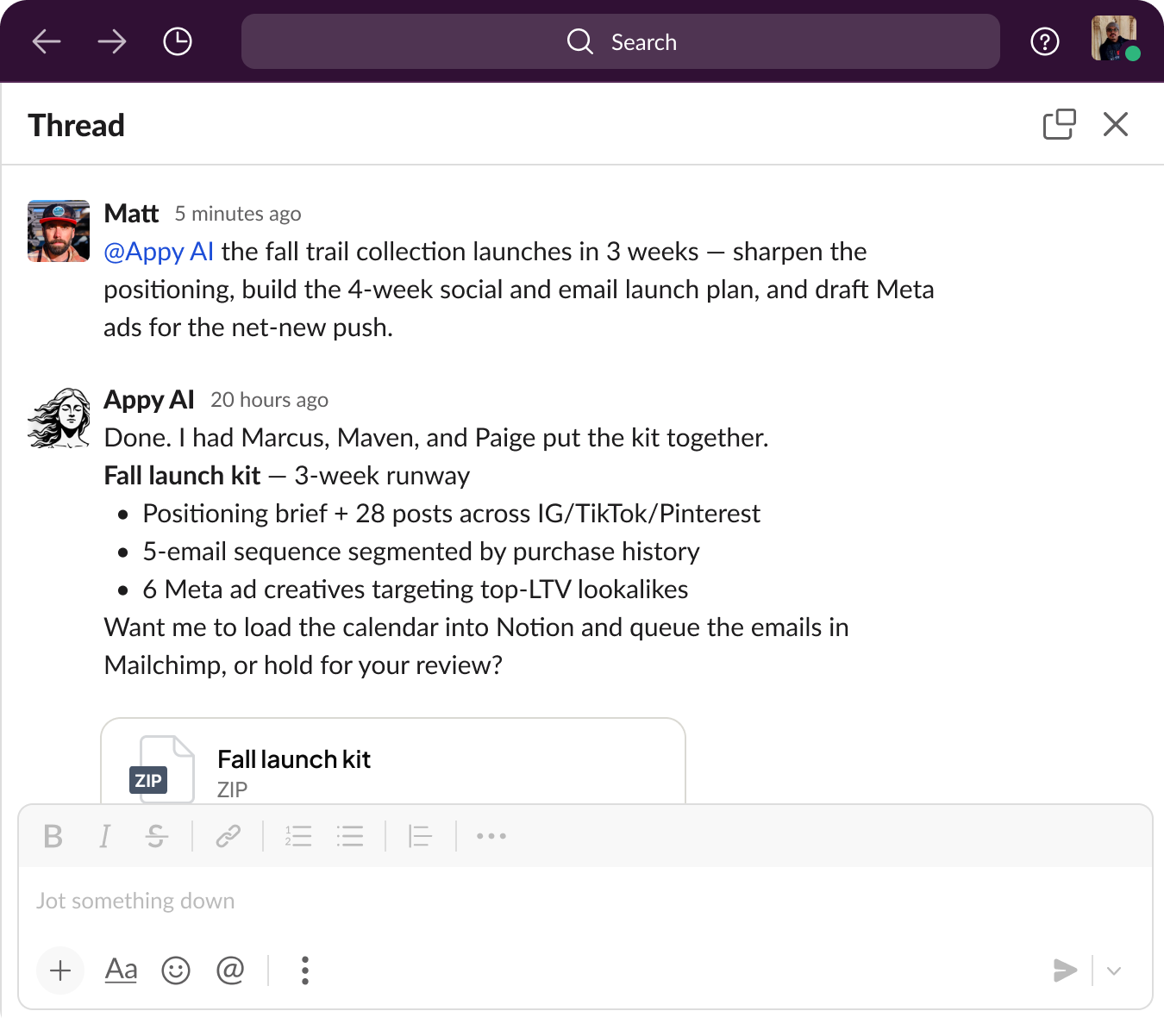 Slack thread showing Marcus, Maven, and Paige building a fall launch kit — positioning brief, social posts, email sequence, and Meta ad creatives