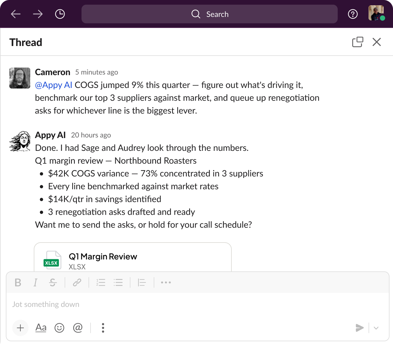 Slack thread showing Sage analyzing COGS variance and benchmarking suppliers
