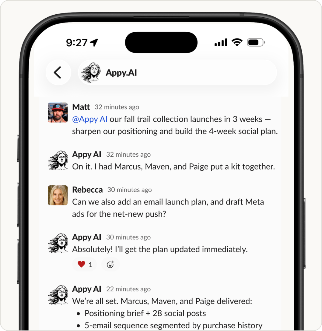 Appy AI chat showing Matt and Rebecca collaborating with AI agents on a product launch