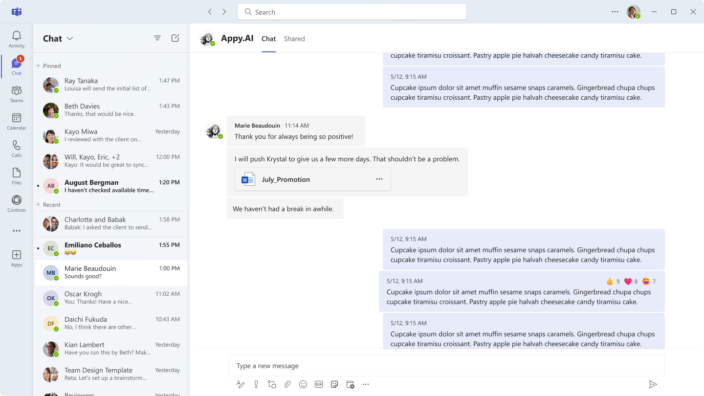 Microsoft Teams chat interface showing a two-column layout with the Appy.AI agent in conversation