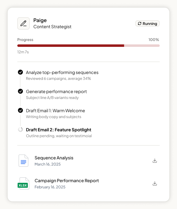 Appy AI activity detail showing Paige the Content Strategist running at 100% progress, with completed tasks and finished documents ready to download