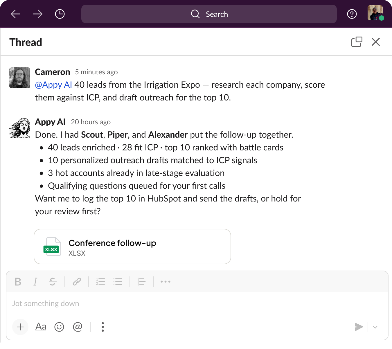 Slack thread showing Appy AI sales agents researching leads and scoring them against ICP