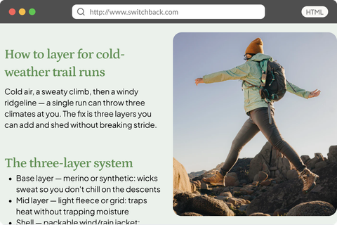 Blog post on how to layer for cold-weather trail runs — written and published to switchback.com