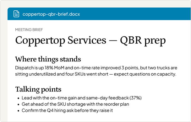 Meeting brief for Coppertop Services QBR prep — dispatch up 18% MoM, talking points on capacity and SKU shortage