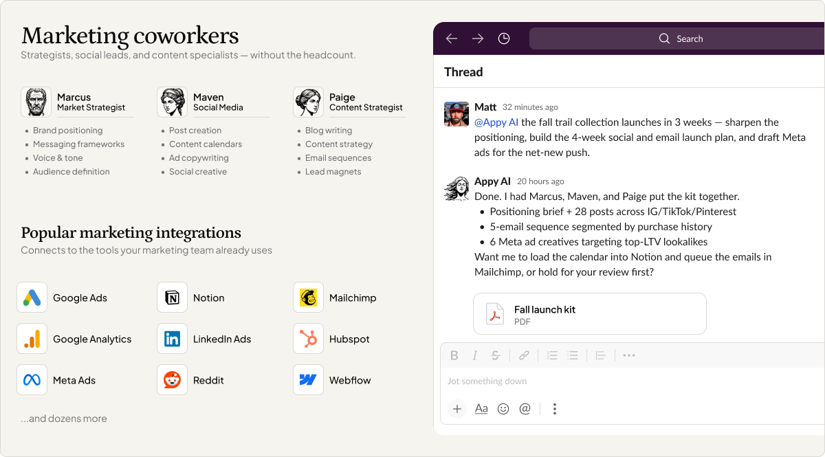 Marketing coworkers dashboard showing Marcus, Maven, and Paige alongside a Slack thread where Appy AI coordinates a full fall launch campaign