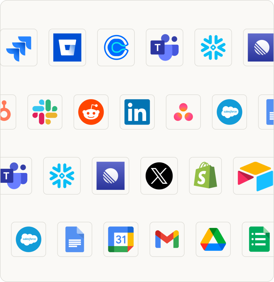 Grid of app integration icons including Jira, Slack, LinkedIn, Salesforce, Teams, Gmail, Google Drive and more
