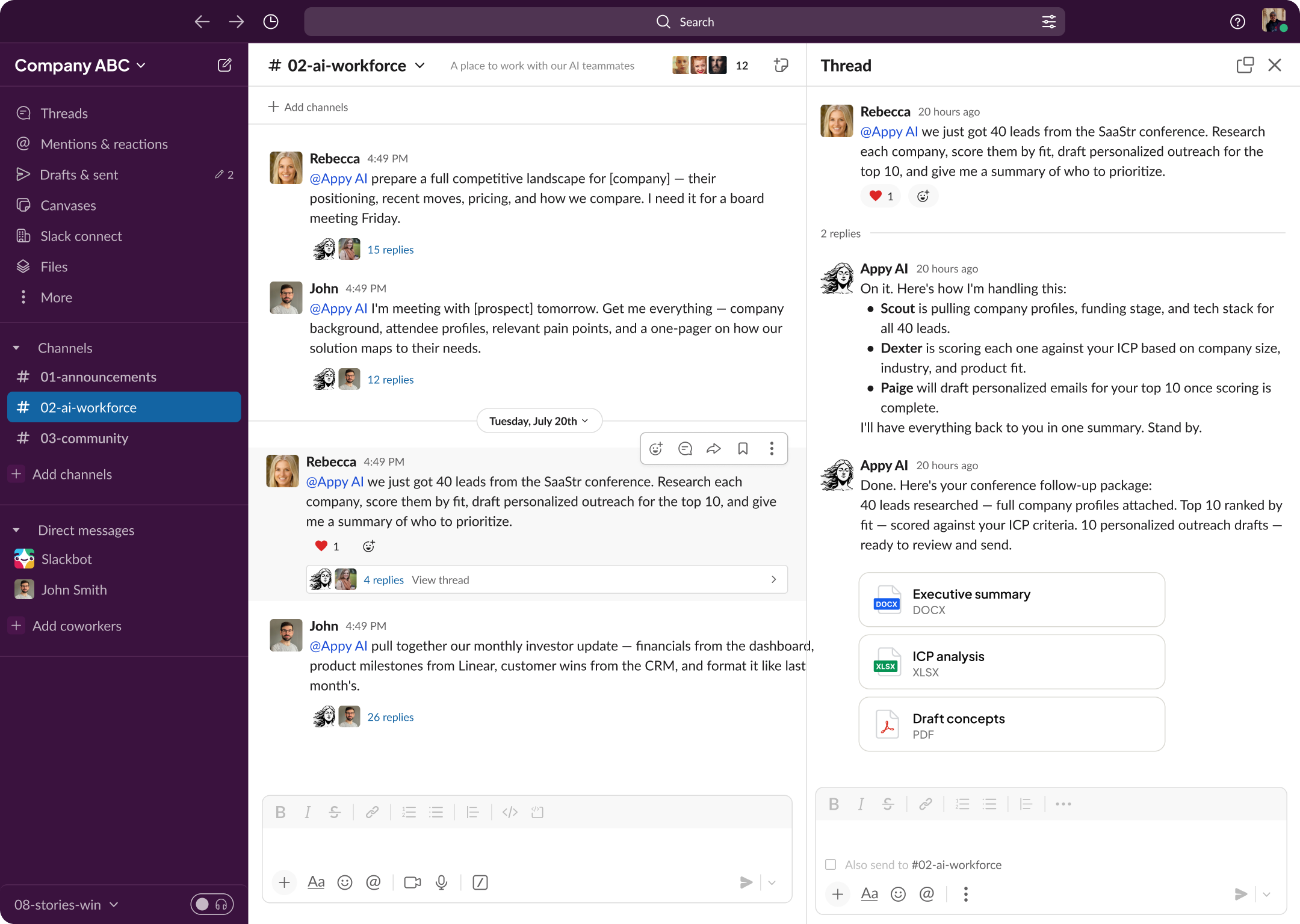 Violet AI agents working inside Slack