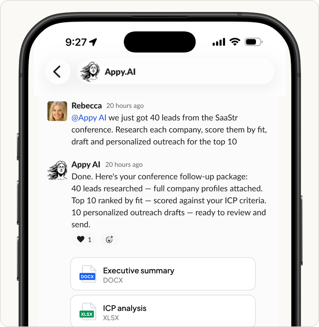 Appy AI delivering a conference follow-up package with leads researched and outreach drafted