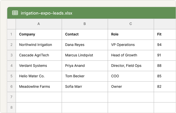 Targeted leads spreadsheet showing qualified contacts with fit scores