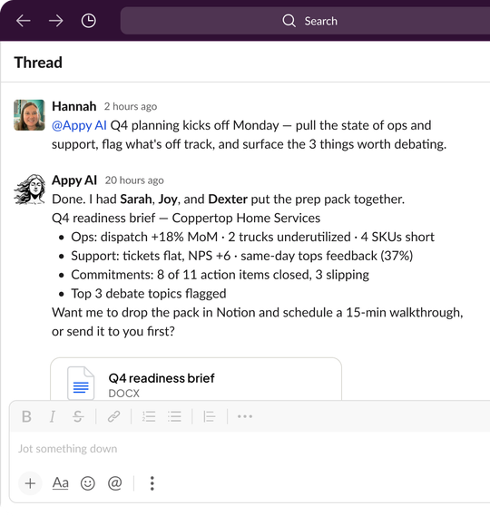 Slack chat showing Appy AI operations agents building a Q4 readiness brief