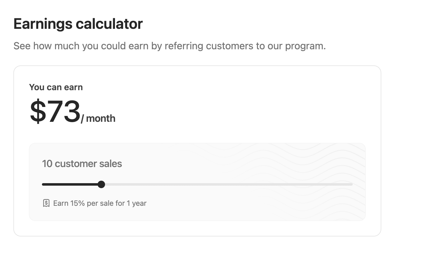 Earnings calculator with sliding bar showing potential monthly earnings