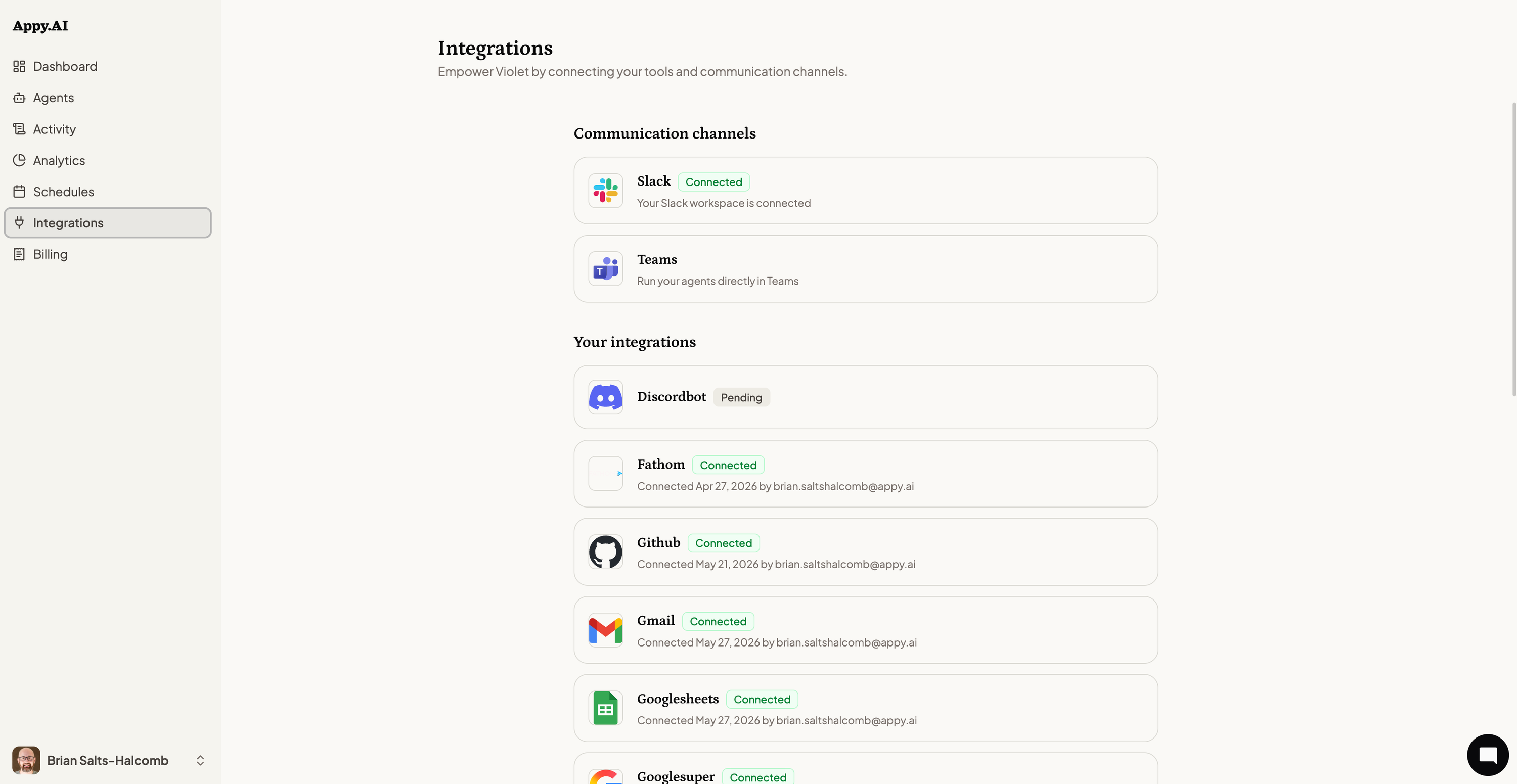 Admin Console — Integrations page, showing connected communication channels and third-party services with status badges