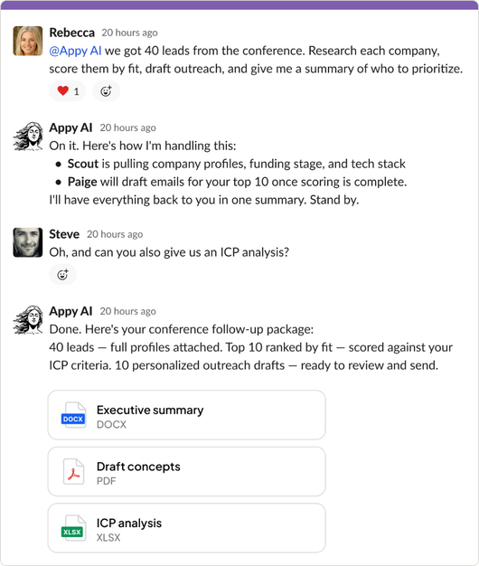 Slack conversation showing Appy AI coordinating a team of agents to research conference leads