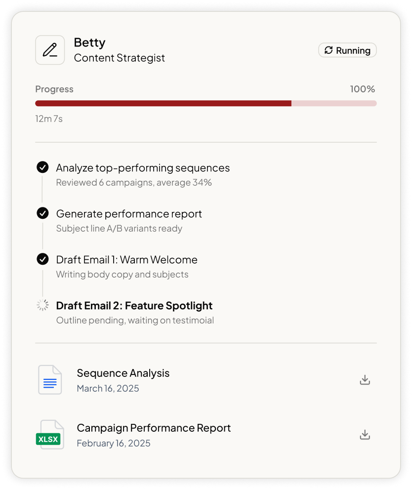 Agent trace view showing Betty the Content Strategist running tasks with full progress tracking