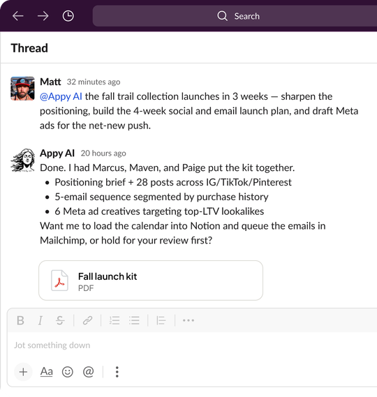 Slack chat showing Appy AI marketing agents building a campaign launch kit