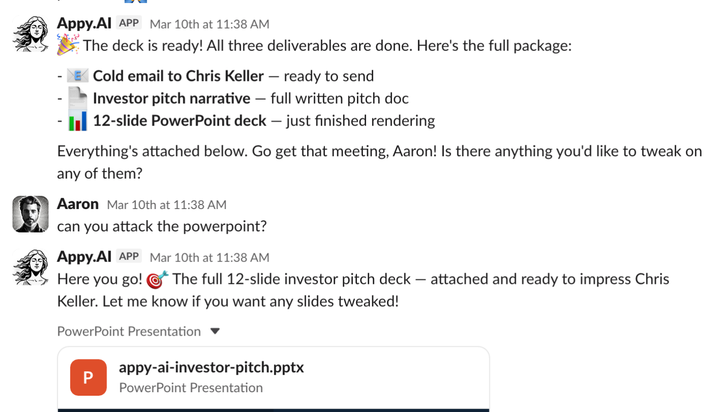Slack thread showing Appy AI delivering a completed investor pitch package including a 12-slide PowerPoint deck, ready to present