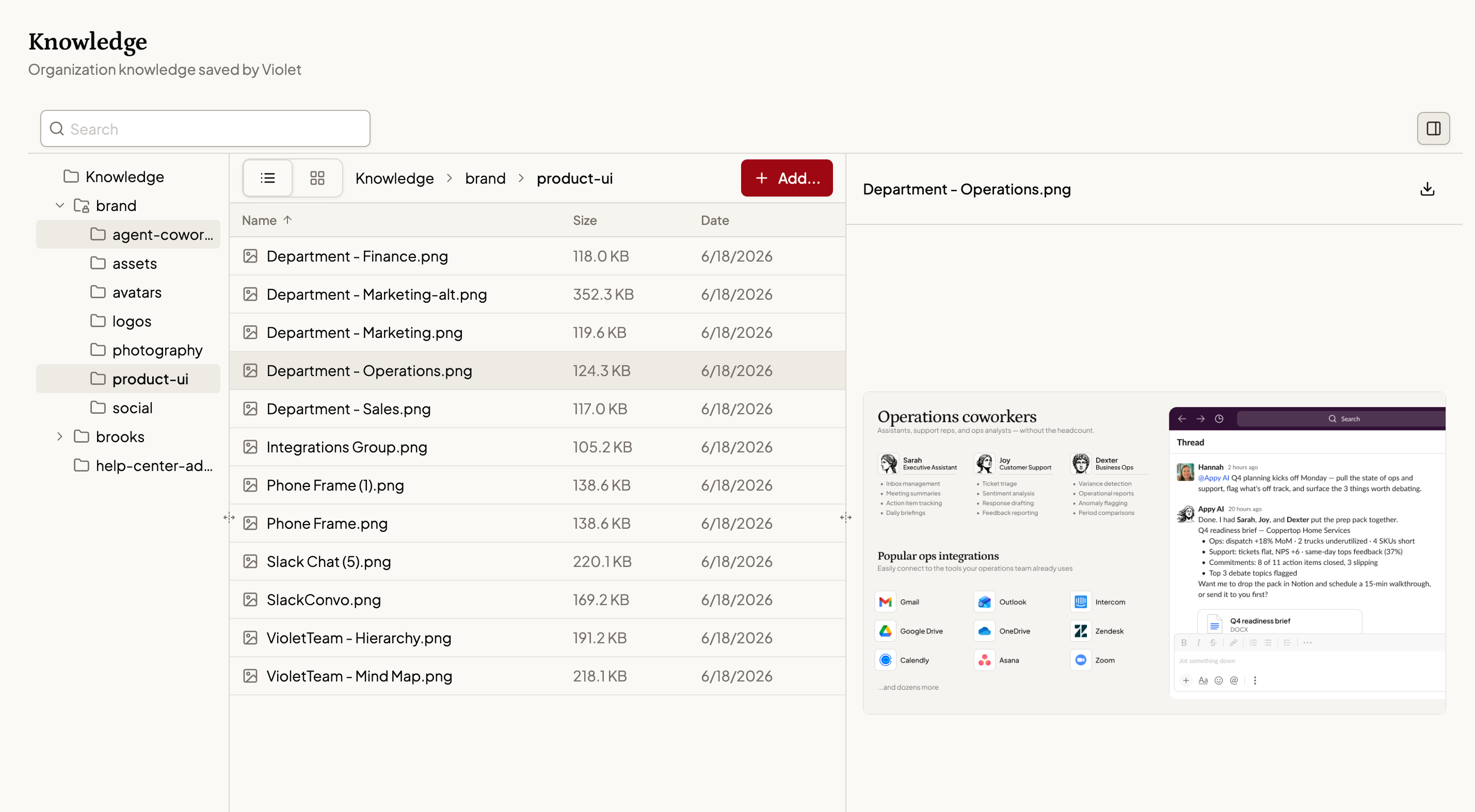 Knowledge library dashboard showing folders, file list, and document preview