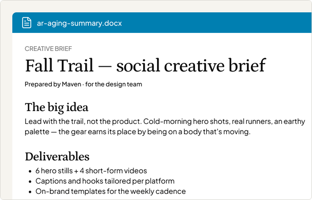 Fall Trail social creative brief prepared by Maven for the design team — big idea, deliverables, and platform templates