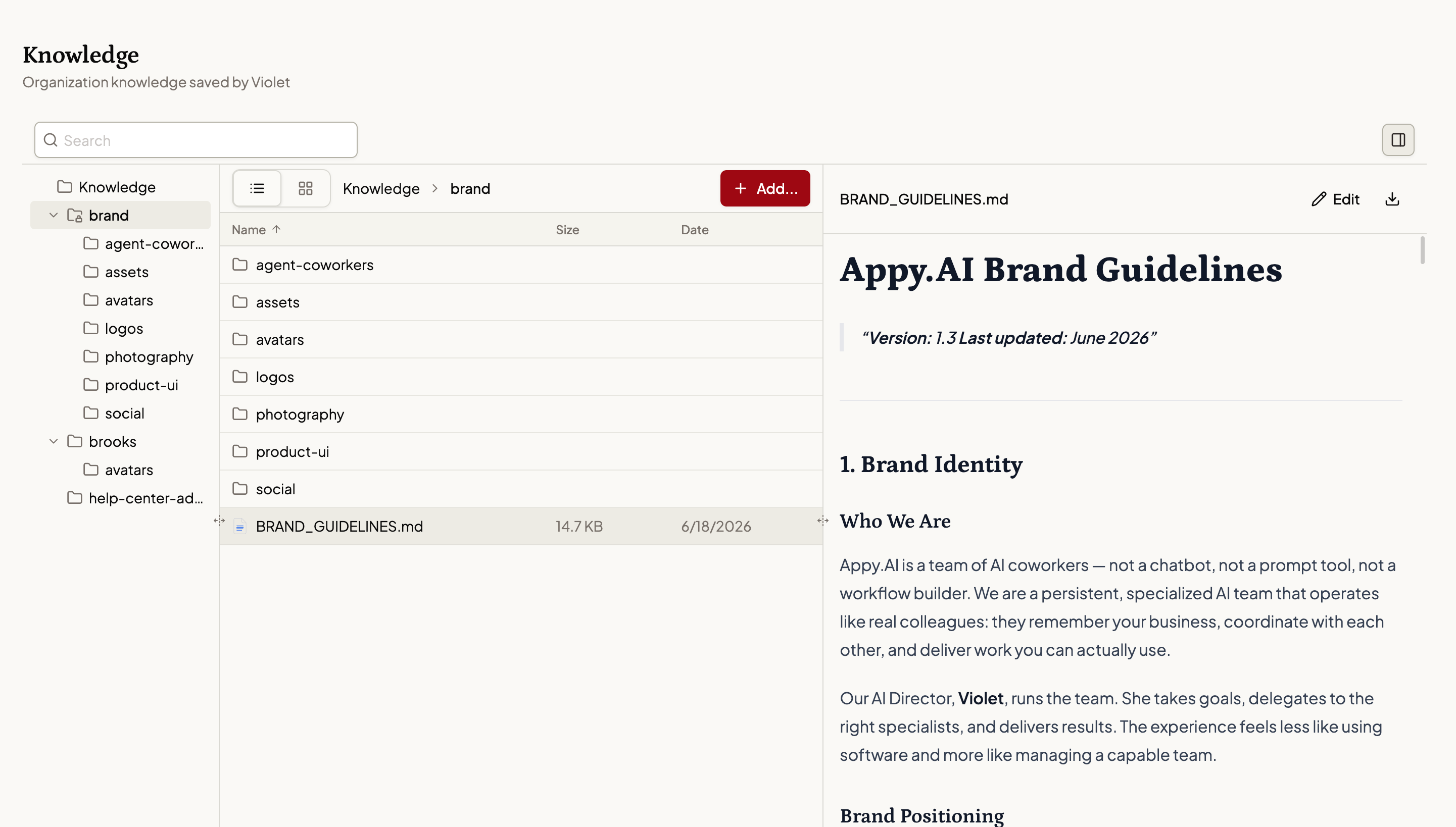 Knowledge library showing file tree, document list, and brand guidelines preview