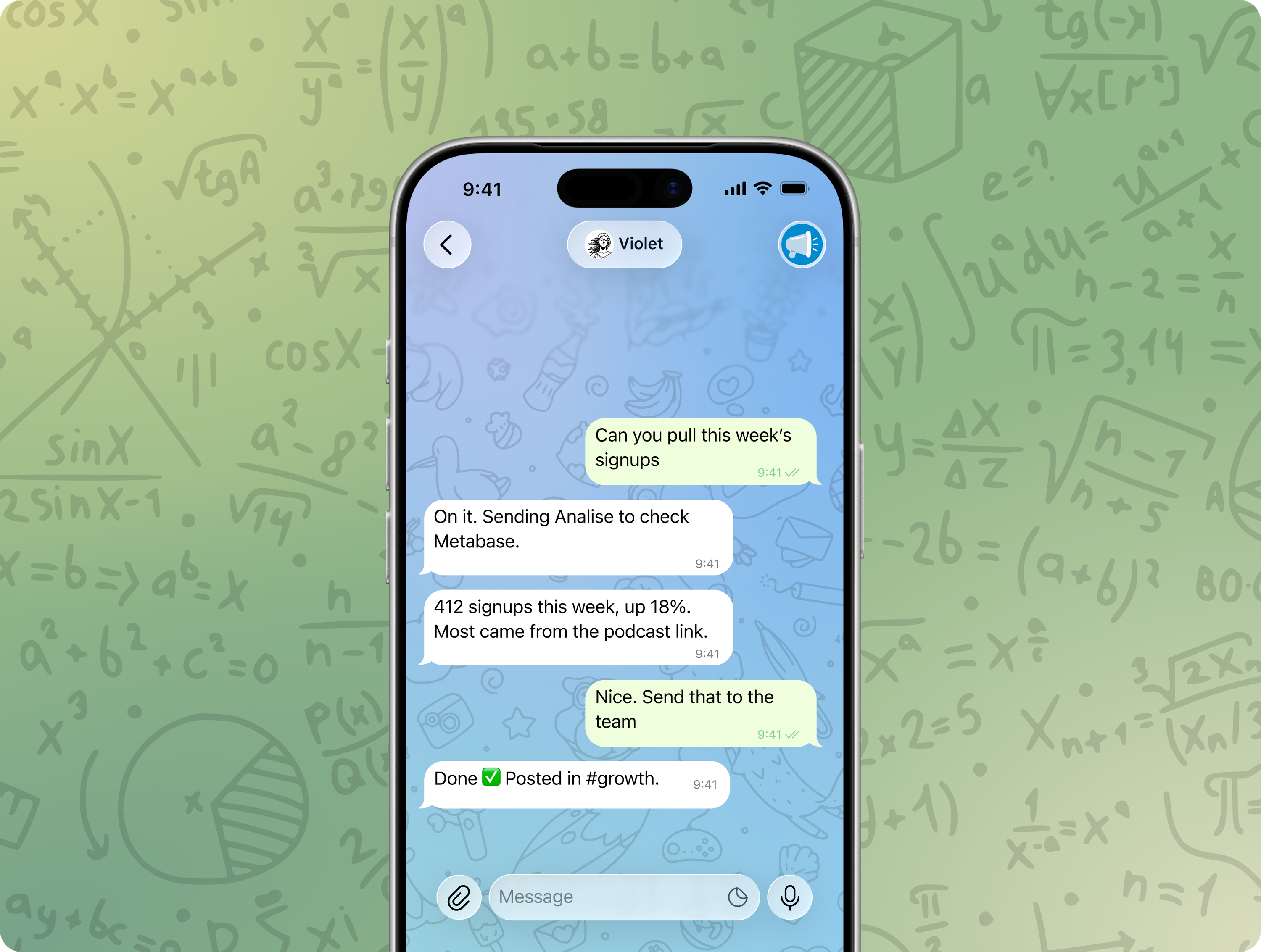Telegram conversation with Violet retrieving weekly signup metrics and sharing them with the team