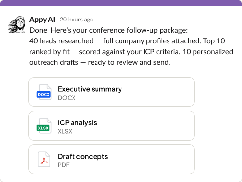 Appy AI chat showing a completed conference follow-up package with an executive summary, ICP analysis spreadsheet, and draft concepts delivered as ready-to-use files