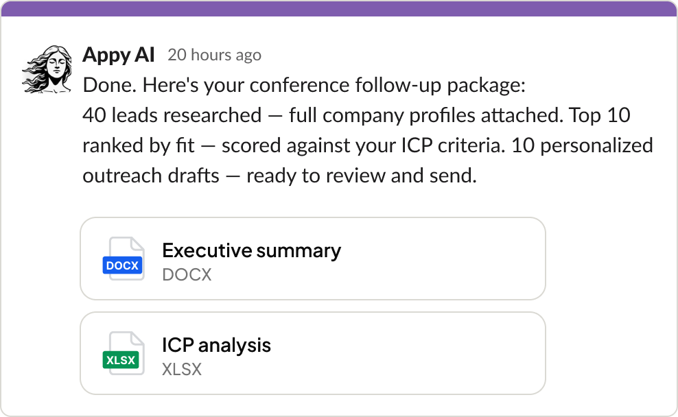 Violet delivering the finished conference follow-up package with executive summary and ICP analysis