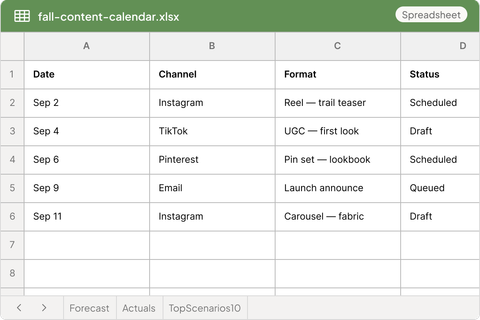 Fall content calendar spreadsheet showing dates, channels, formats, and status across Instagram, TikTok, Pinterest, and Email