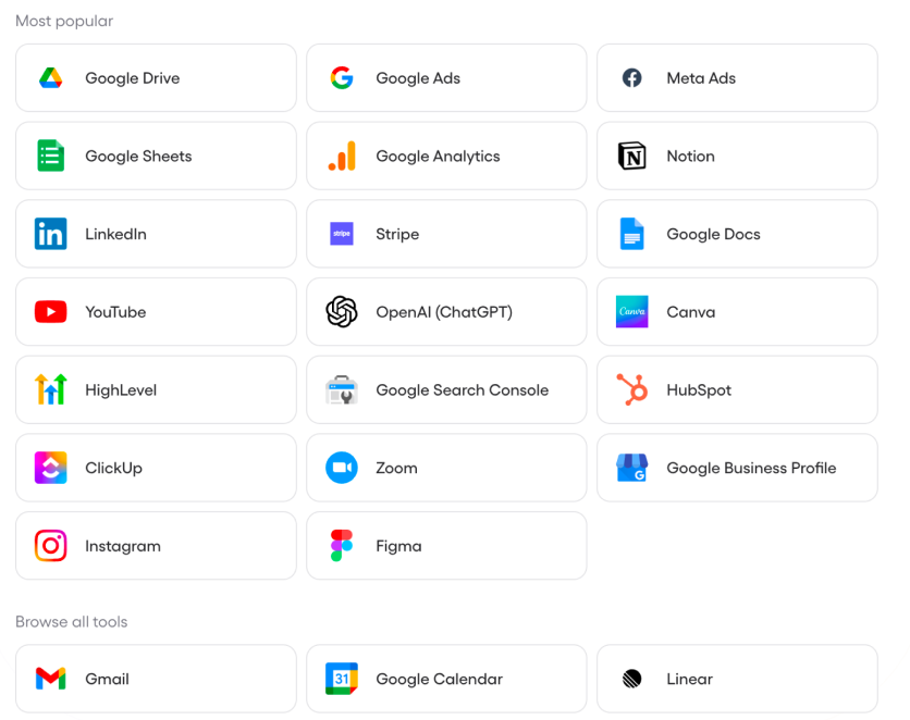 App library showing most popular integrations including Google Drive, Sheets, LinkedIn, Stripe, HubSpot and more