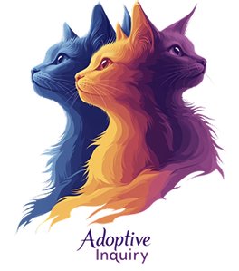 AI-generated image of three stylized cats in vibrant blue, orange, and purple, created for an Adoptive Inquiry brand — demonstrating original image creation from a text description