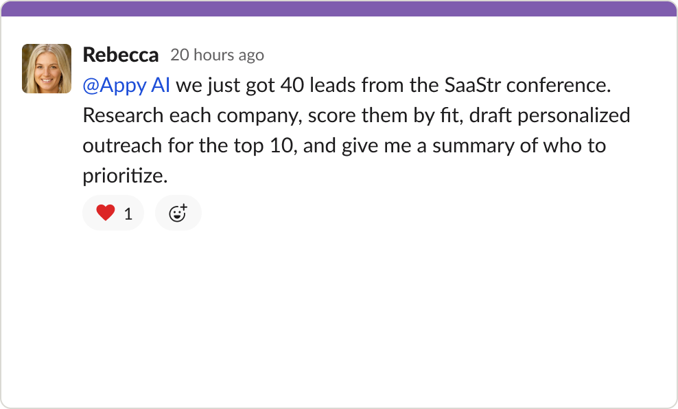 A user asking Violet to research and score 40 conference leads in plain English