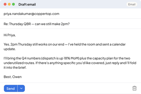 Draft email from Sarah confirming Thursday QBR at 2pm with Q4 dispatch numbers and capacity plan