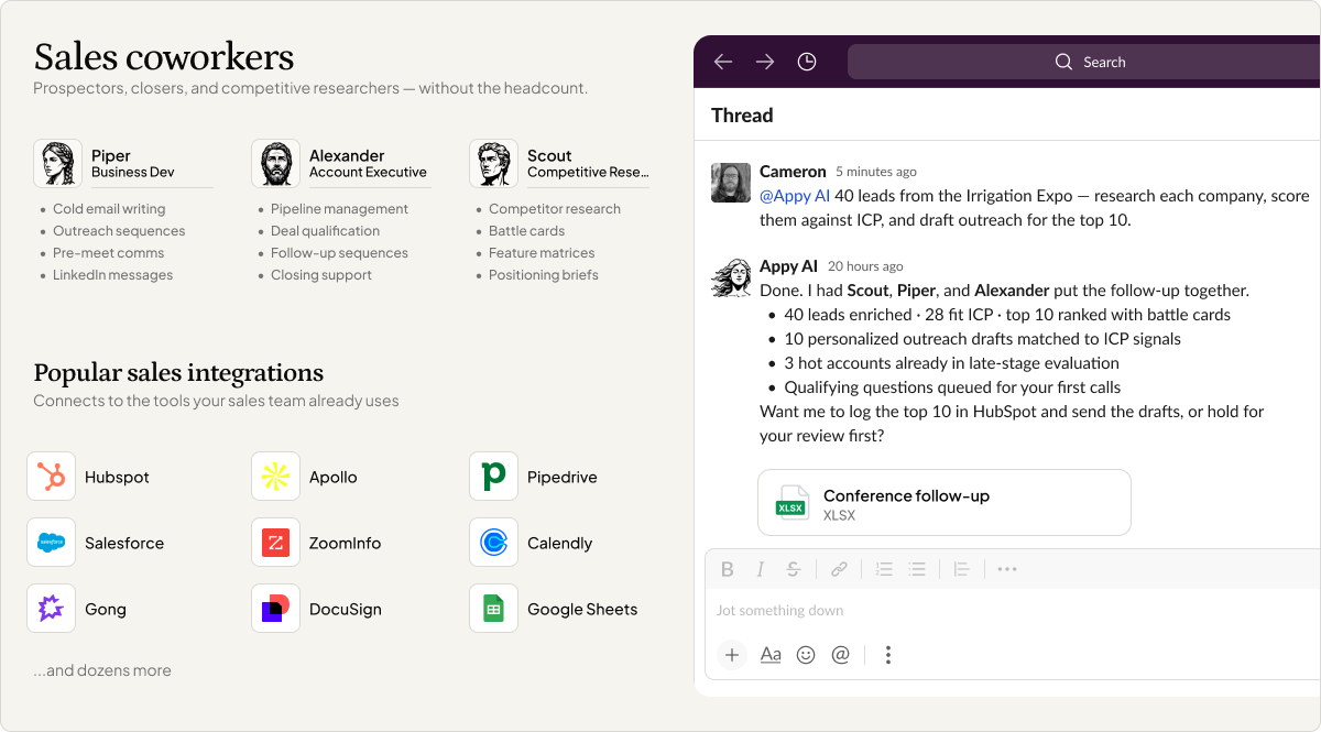 Sales coworkers dashboard showing Piper, Alexander, and Scout alongside a Slack thread where Appy AI coordinates lead research, outreach drafts, and battle cards from a conference follow-up
