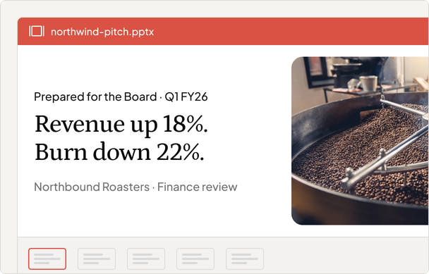 Board deck slide showing Q1 FY26 results — revenue up 18%, burn down 22%