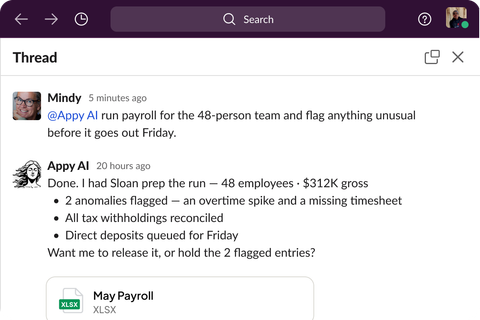 Slack thread showing Sloan running payroll for 48 employees — anomalies flagged, withholdings reconciled