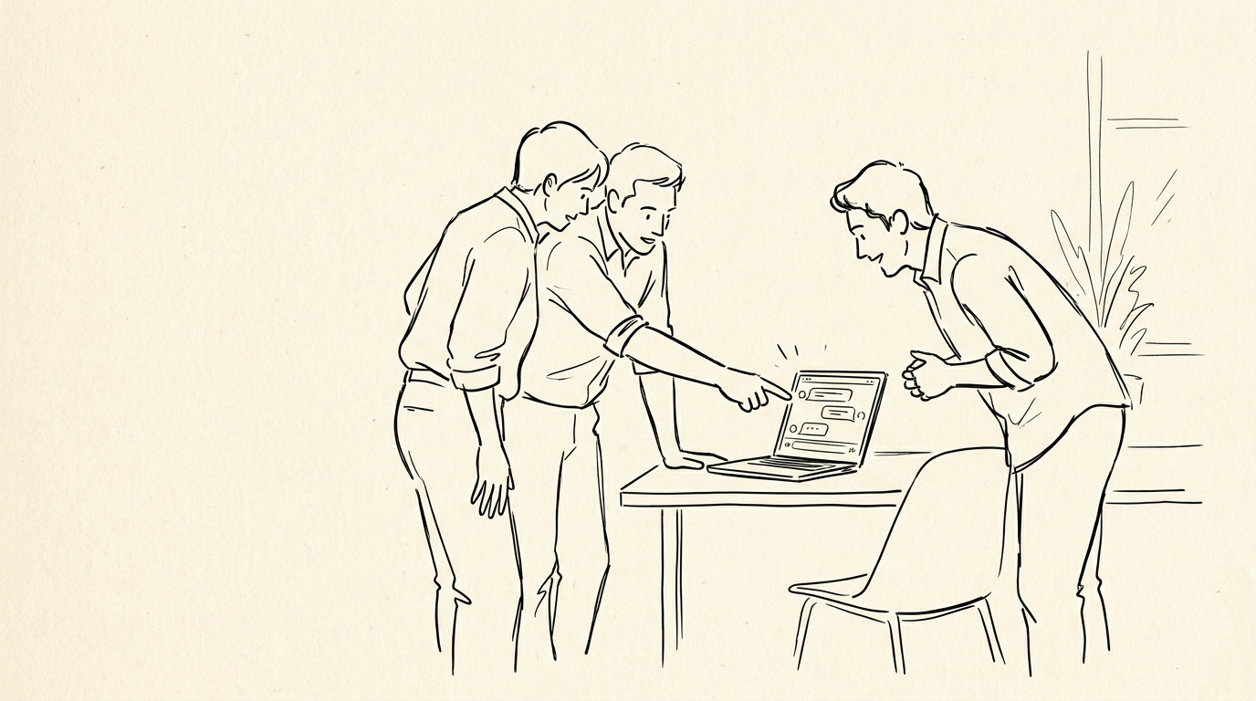Illustration of three people gathered around a laptop looking at a chat conversation