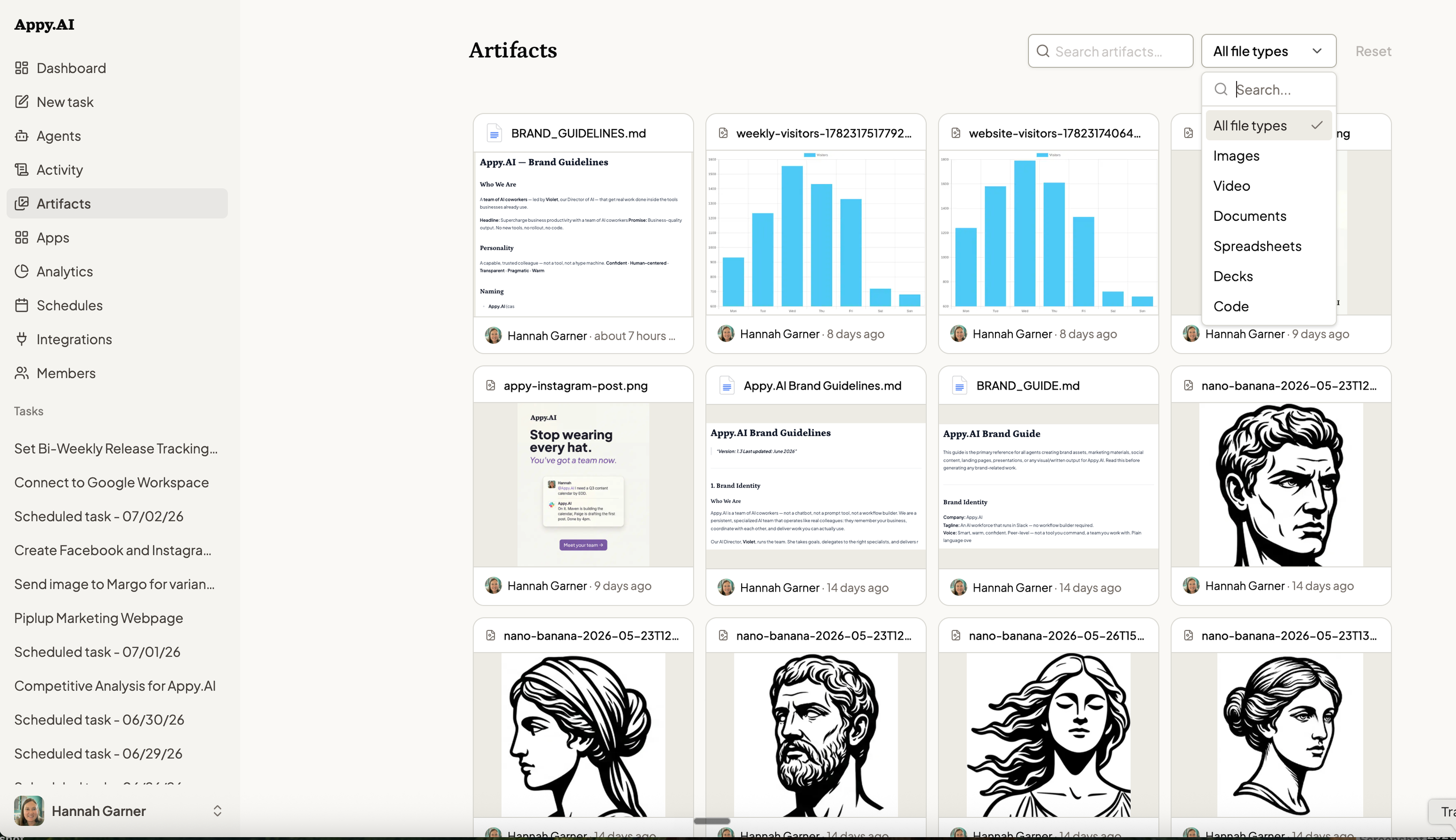 Artifacts gallery with filter dropdown open showing agent outputs organized by file type