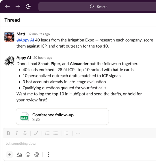 Slack chat showing Appy AI sales agents researching leads and drafting outreach