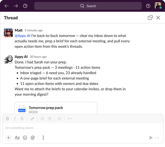 Slack conversation showing Appy AI coordinating a team of agents to research conference leads