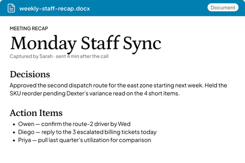 Monday Staff Sync meeting recap captured by Sarah — decisions, action items with owners and due dates